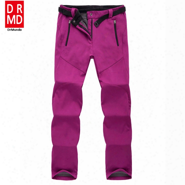 Wholesale- Outdoor Winter Ski Pants Women Solft Shell Pants Plus Size Waterproof Snow Pants Thicken Fleece Hiking Pant Snowboard Trousers