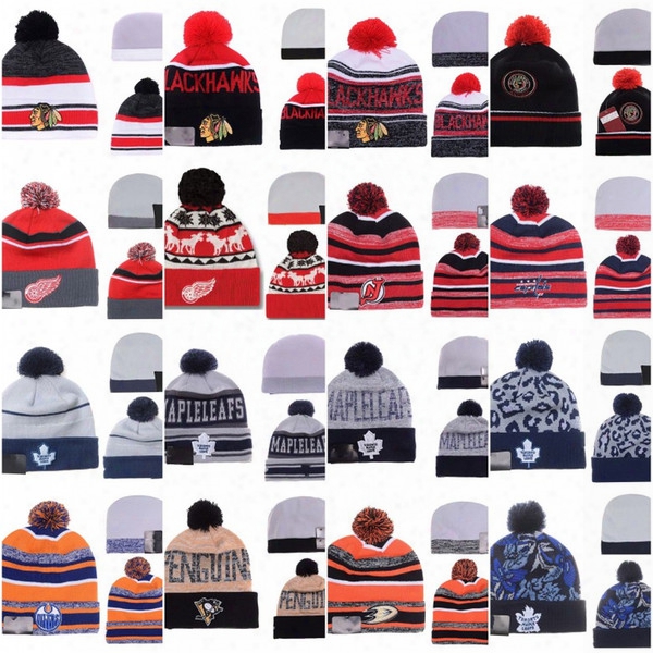 Winter Beanie Hats Men Women Penguins Blackhawks Maple Leafs Oilers Capitals Red Wings Cap Knitted Wool Hat Gorro Bonnet With Hockey Caps