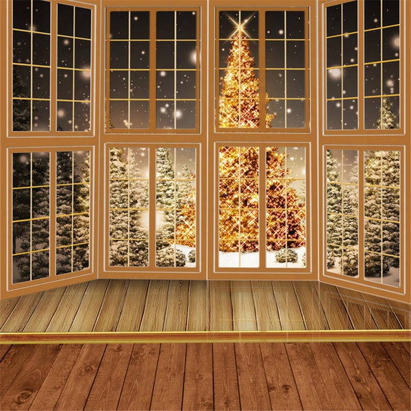 10x10ft Fabric Backdrops For Photography Wood Floor Windows Golden Sparkle Christmas Tree Outdoor Winter Snow Backgrounds For Photo Studio