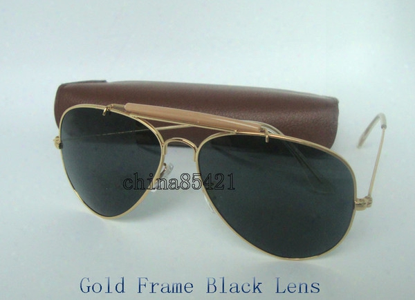 1pcs Mens Womens Male Designer Pilot Sunglasses Outdoorsman Sun Glasses Eyewear Gold Black 62mm Glass Lenses With Brown Case
