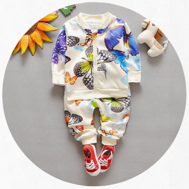 2016 Spring Autumn Baby Boy Girl Outfits Set 2pcs Outfit Butterfly Zipper Jacket + Pants Children Outdoor Sport Set K6280