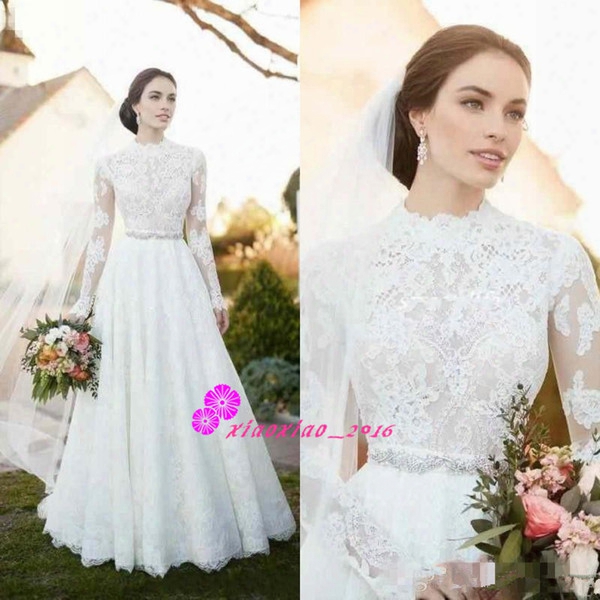 2017 Vintage Lace Country Wedding Dresses With Illusion Long Sleeve High Neck Beaded Sash Modest Plus Size Simple Outdoor Bridal Gowns Cheap