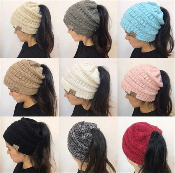 2018 Newest Women Cc Beanies Winter Woolen Caps Girl Ponytail Hats Women Outdoor Warm Knitted Crochet Skull Beanie 9 Colors Best Gift A142