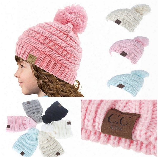Children Keep Warm Cc Beanies With Pompoms Kids Girl Boy Fashion Crochet Skull Beanie Winter Outdoor Ski Knitted Cap Headwear 6 Color A210