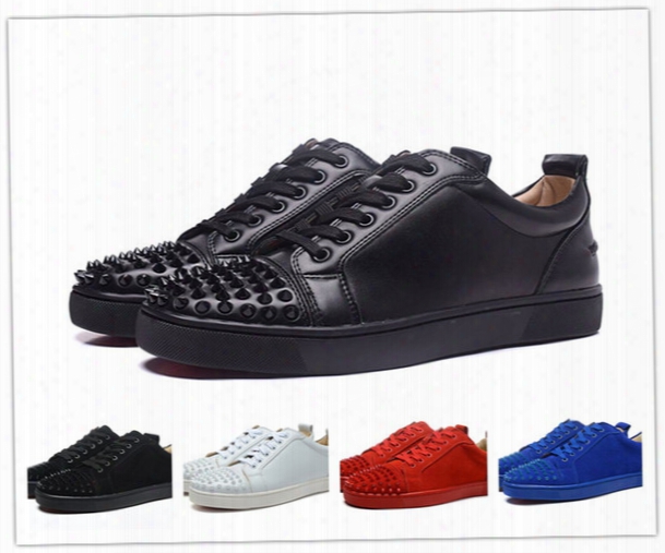 Free Shipping Men&womem High-end Custom Black Rivets Casual  Shoes Outdoor Low Top Genuine Leather Red Bottom Sneaker Size:36-46