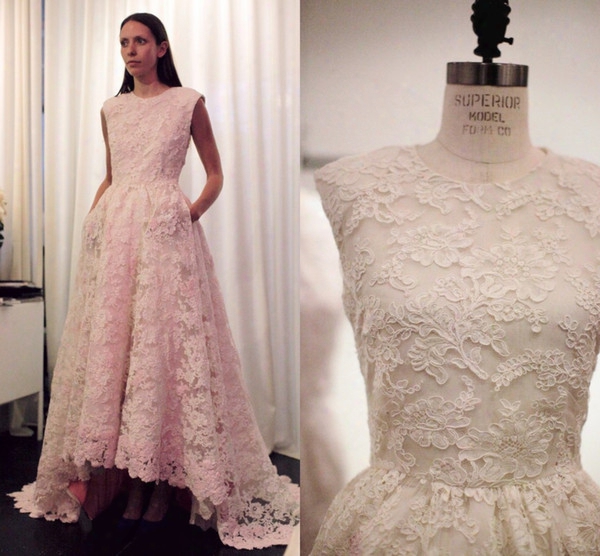 High Low 2016 Full Lace Wedding Dresses Jewel A Line Sweep Train Garden Outdoor Wedding Bridal Dress Custom Made
