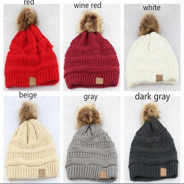 Knit Cc Beanies Wit Fur Pom Winter Hat Caps Fleece Lining Crochet Skull Cap Outdoor Sports Witer Hats Cap