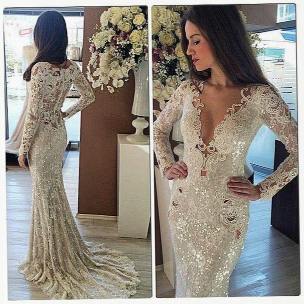 Most Beautiful Sparkly Lace Sequins Sexy Bridal Wedding Gowns Plunging Deep V-neck Outdoor Beach Long Sleeve Mermaid Wedding Dresses 2017