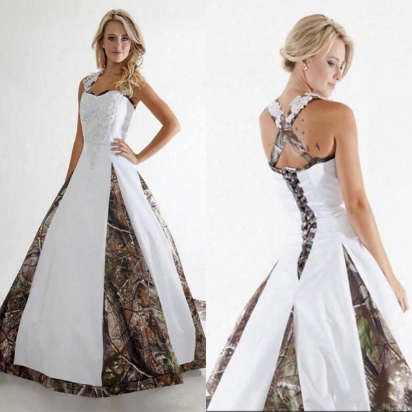 New Camo A Line Wedding Dresses Halter Lace Appliqued Ruffles Court Train Outdoor Wedding Bridal Gowns With Lace-up Back Ba1737