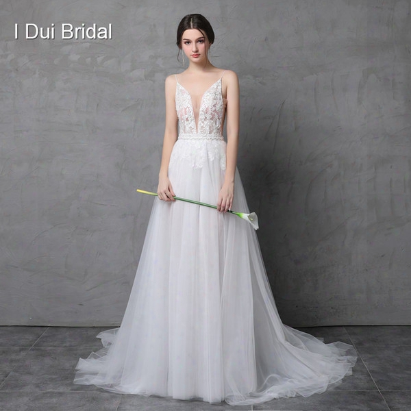 Sexy Beaded Deep Cleavage Wedding Dress With Detachable Skirt Illusion Tulle Layer Beach Outdoor Light Bridal Gown