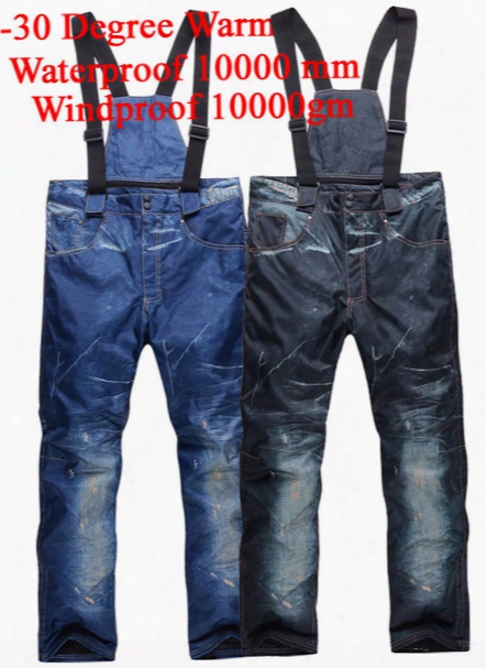 Wholesale- Cheap Snow Denim Men Bib Ski Trousers10k Waterproof Windproof -30 Warm Snowboard Pants Winter Outdoor Sports Suspenders Pants