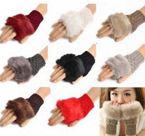 Women Girl Knitted Faux Rabbit Fur Gloves Mittens Winter Arm Length Warmer Outdoor Fingerless Gloves Colorful Xmas Gifts Dhl Free 200pcs