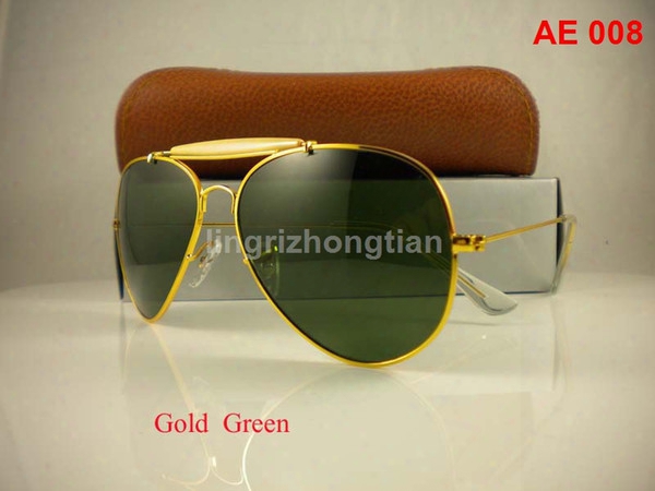 1pair Excellent Quality Men Male Designer Pilot Sunglasses Outdoorsman Sun Glasses Eyewear Gold Golden Green 62mm Glass Lenses With Box Case
