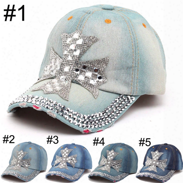 2016 Summer New Fashion Designer Cross Rhinestone Hats Women Denim Sun Hats Super Quality Outdoor Sport Hat Baseball Hats Caps For Lady
