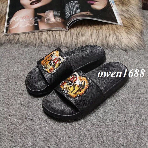 2017 Mens And Womens Fashion Tiger Embroidery Printing Leather Slide Sandals Slippers Summer Outdoor Beach Causal Flip Flops