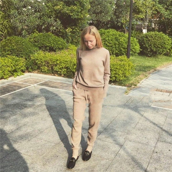 2017 Wool Full New Tracksuits Spring Cashmere Suits Female High-quality Fashionable High-necked Sweater + Pants Knitted 2 Sets