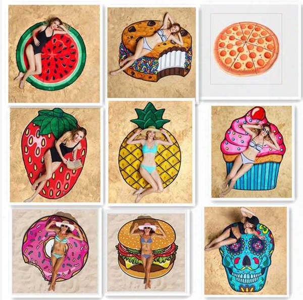 20pcs/lot 2017 Summer Large 150cm Round Beach Towel Burger Pizza Donuts Pattern Microfiber Bath Blanket Outdoor Sun Block Shawl Yoga Cushion