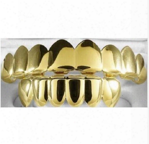 8 Tooth Free Shipping Real Shiny Real Gold Placting Top Bottom Grillz Bling Mouth Teeth Caps Hip Hop Grills