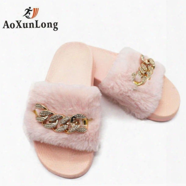 Autumn Wiinter Way Women Slippers Fluff Rhinestones Flat Flip Flop Women Indoor Slippers Outdoor Women&#039;s Casual Shoes Home Slide Shoes 9