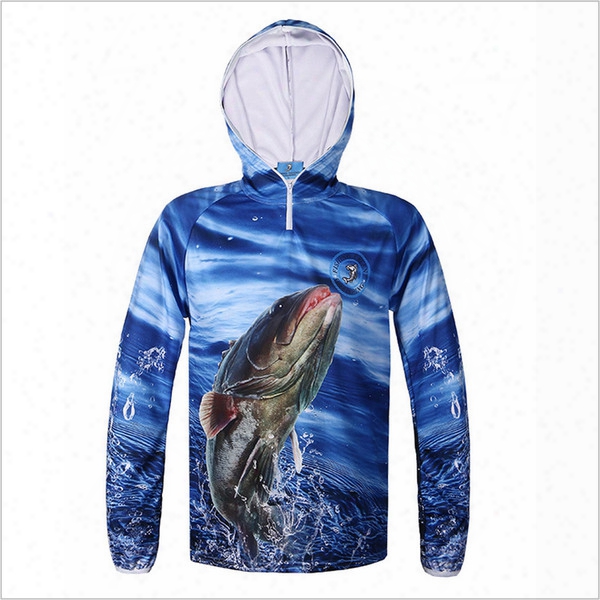 Dropshipping New 3d Blue Print Hooded Fishing Shirt Real Fish Breatheble Fishhing Clothes Sunscreen Anti-uv Outdoor Wearng