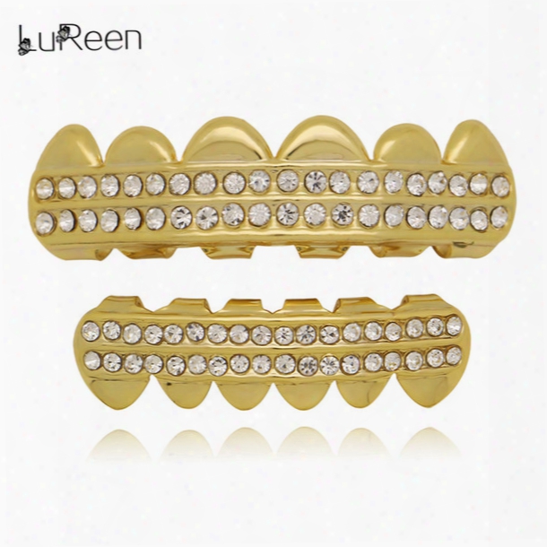 Lurren Punk Hip-hop Rhinestone Real Gold Plated Teeth Grillz Top & Bottom Teeth Caps Set For Girls Men Body Jewelry