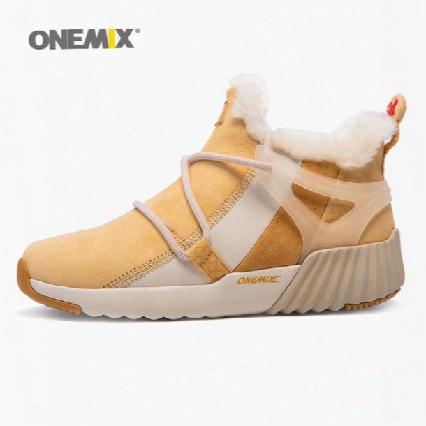 Onemix Winter Warm Shoes For Women Wool Snow Boots High Top Pigskin Waterproof Running Shoes 2017 Woman Beige Sport Outdoor Walking Sneakers