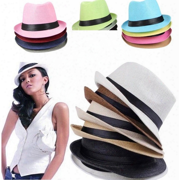 Vogue Men Women Sun Caps Straw Hats Soft Fedora Panama Straw Hats Outdoor Stingy Brim Hats 6 Colors Choose 0350