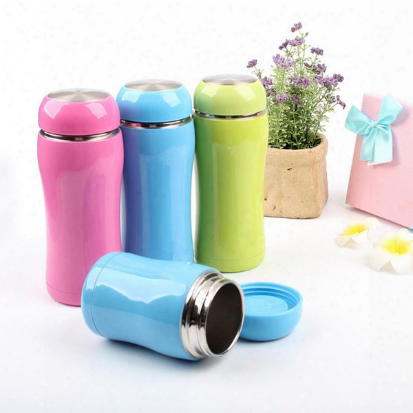 Wholesale- Thermoses Cup Double Wall Stainlrss Steel Drinkware Thermo Tumbler Mug Lady Travel Outdoor Pink Blue Solid Vacuum Flask Bottle