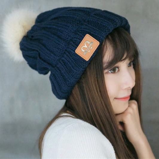 Women M Trendy Hats Winter Knitted Fur Poms Beanie Label Fedora Luxury Cable Slouchy Skull Caps Fashion Leisure Beanie Outdoor Hats