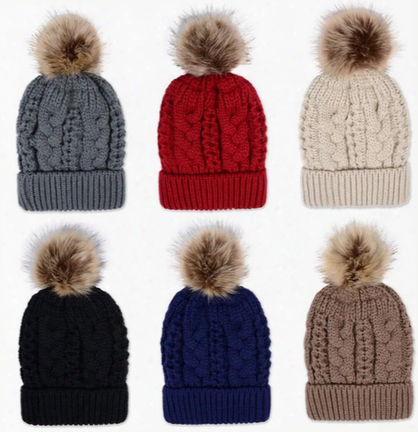 Women&#039;s Knitted Wool Hats With Fur Pompons Winter Velvet Hat Crochet Outdoor Warm Beanies Cap Skullies Caps Warm Hat Hot Kka2773