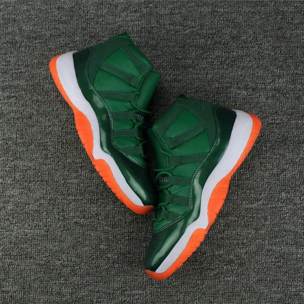 2017 New Air Retro 11 Xi Miami Hurricanes Andre Johnson Green Orange Men And Women Basketballl Shoes High Quality Air 11s Youth Sneakers