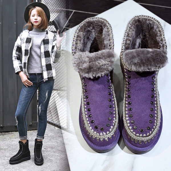 Eu 34-40 New Mou Women Leather Fur Waterproof Antiskid Slip-on Rhinestone Snow Boots Outdoor Thicken Shoes Plus Size Us 5-8.5