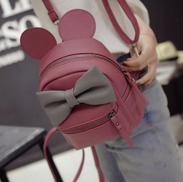 Mickey Backppack 2017new Female Bag Quality Pu Leather Women Backpack Mickey Ears Sweet Girl Bow College Wind Travel Shoulder Bag