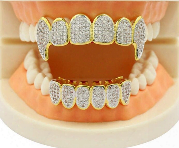 Party Toy Shining Hip Hop Grillz Iced Out Cz Fang Mouth Teeth Grillz Caps Top & Bottom Grill Set Menwomen Vampire Grills