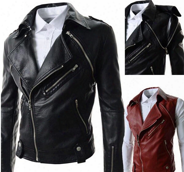 Personality Can Be Split Design Men Pu Leather Coat Plus Size M-2xl Men Casual Stylish Slim Fit Punk Pu Leather Coat Outdoor