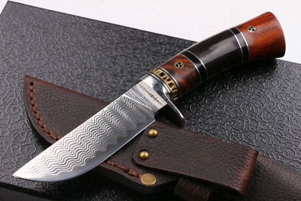 2016 New High End Damascus Steel Fixed Blade Hunting Knife 60hrc Matte Finish Blade Outdoor Survival Straight Knife Gift Knives