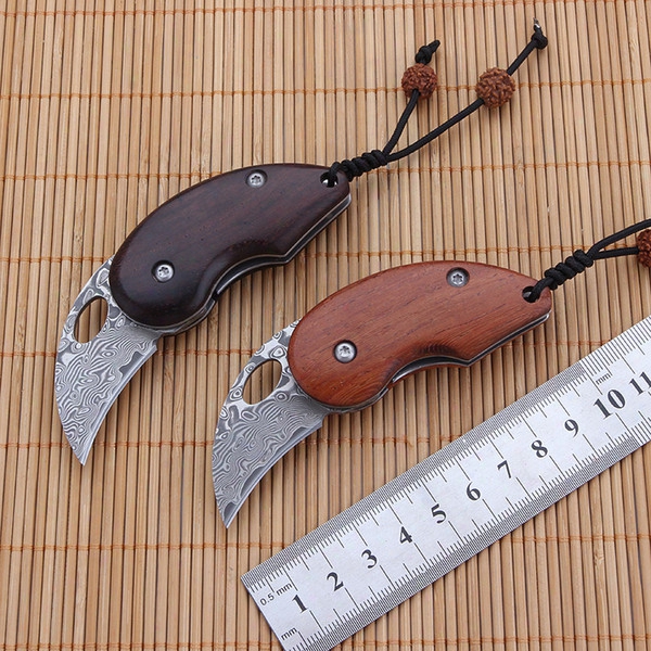 3.85 &quot;inch Mini Outdoor Folding Knife Sandalwood Handle Fruit Knife Damascus Blade Pocket Knife Camping Tools Hunting Collection Tool