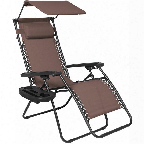 Folding Zero Gravity Lounge Chair W/ Canopy & Magazine Cup Holder-brown