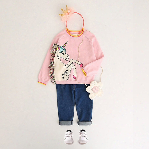 Girls Unicorn Pullover Sweater Colorful Tassel White Little Pony Pink Cotton Princess Outdoor Kids Clothing 2-8t