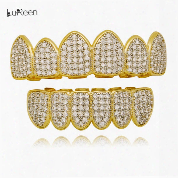 Lureen Gold Silver Two Tone Iced Out Micro Pave Cz Grillz Set 6 Teeth Top And Bottom Grills Set