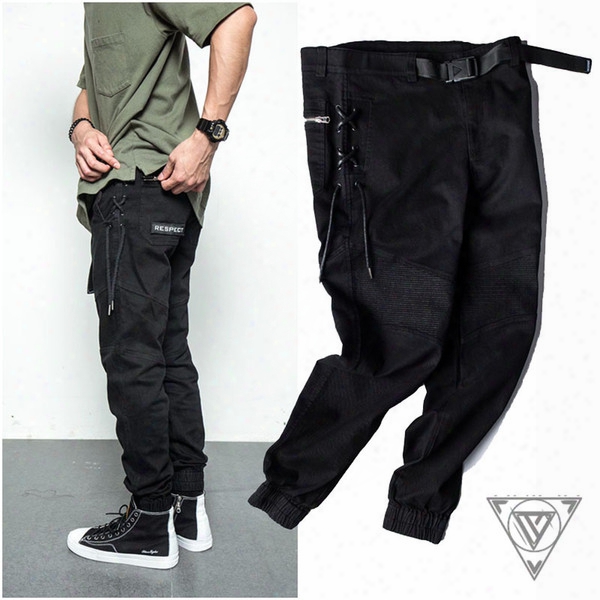 Men&#039;s Fashion Black Cargo Pants Casual Sweat Pants For Men Outdoors Overalls Ankle-tied Pencil Pants Braided Straps