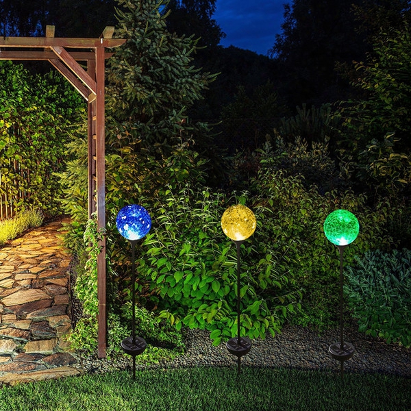 Solar Powered Crackle Glass Balll Color Changing Stake Lights Stainless Steel Solar Garden Lawn Lights Patio Decorative Landscape Lamps