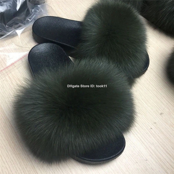 Summer Fashion Plush Sandals Women Girl Fox Fur Slippers Designer Fur Slides Home Outdoor Fuzzy Slippers Flat Heel Shoes Beach Flip Flops