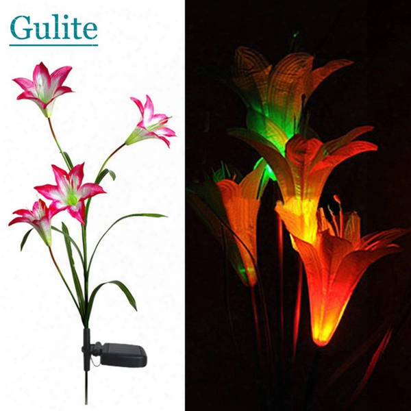 Wholesale-pink Solar Led Lily Flower Light Color Changing Energy Saving Lamps Outdoor Garden Path Yard Decoration 3 Led Flower Party Lamp