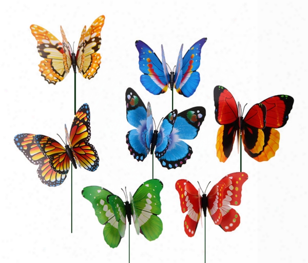 50pcs 12cm Colorful Two Layer Feather Big Butterfly Stakes Garden Ornaments & Party Supplies Decorations For Outdoor Garden Fake Insects
