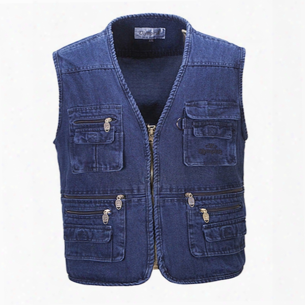 Fall-men Plus Size Fishing Hiking Sleeveless Jacket Denim Vest Outdoor Casual Multi-pocket Waistcoat Jeans Vests Plus