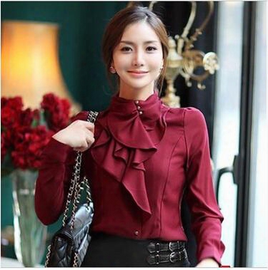 Free Shipping High Quality Korean Occupational Ol Sweet Flounced Stand Collar Slim Shirt Long Sleeve Shirt Silk Satin Womens Shirts