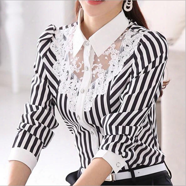 Free Shipping New Long Sleeve Korean Occupation Slim Lace Blouses Striped Shirt Temperament Ol Shirts Lapel Neck Womens Tops Fashion Shirt