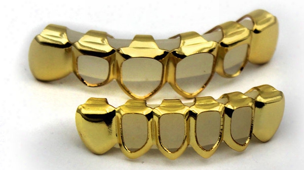 Gold Plated Copper Grillz Top & Bottom Hiphop Teeth Grill Set With Silicone Fashion Vampire Teeth Party Gifts