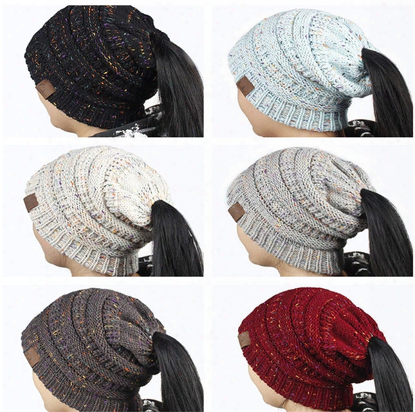 New Women Cc Ponytail Caps Winter Warm Wool Knitted Cc Beanie Outdoor Casual Mixed Color Back Hole Pony Tail Crochet Skull Hat A487